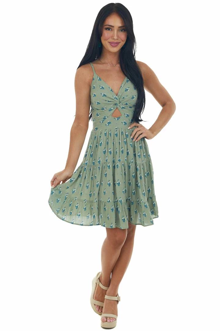 ANGIE Sage Floral Keyhole Knot Sleeveless Mini Dress 5 ANGIE Sage Floral Keyhole Knot Sleeveless Mini Dress