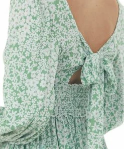 ANGIE Sage Floral Print Bubble Sleeve Short Dress Dresses