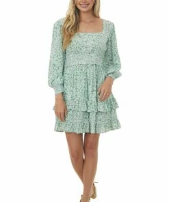 ANGIE Sage Floral Print Bubble Sleeve Short Dress Dresses