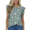 Vanilla Bay Sage Floral Print Ribbed Ruffle Sleeve Top Tops