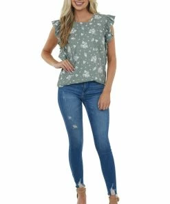 Vanilla Bay Sage Floral Print Ribbed Ruffle Sleeve Top Tops