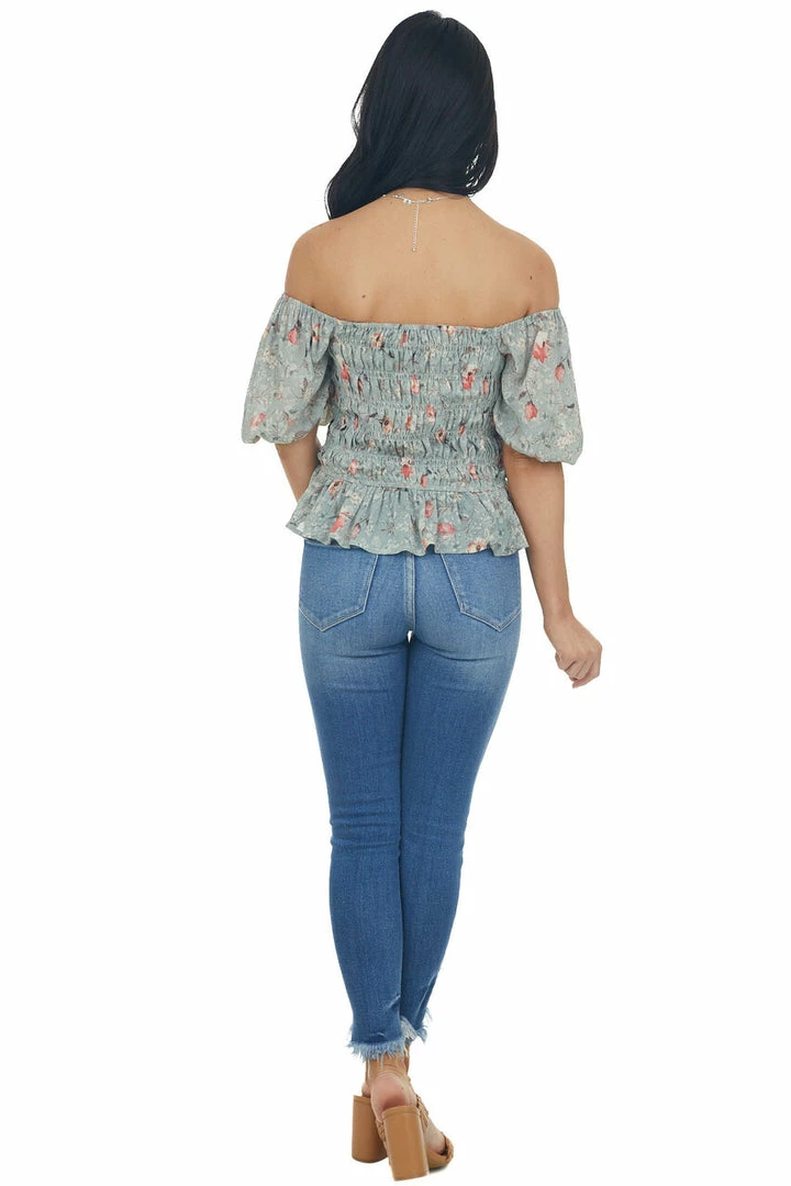 Entro Tops Sage Floral Print Short Sleeve Blouse With Smocked Details 9 Entro Tops Sage Floral Print Short Sleeve Blouse With Smocked Details