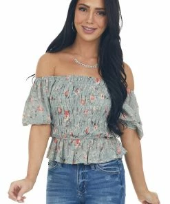 Entro Tops Sage Floral Print Short Sleeve Blouse With Smocked Details