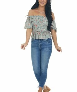 Entro Tops Sage Floral Print Short Sleeve Blouse With Smocked Details 21 Entro Tops Sage Floral Print Short Sleeve Blouse With Smocked Details