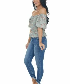 Entro Tops Sage Floral Print Short Sleeve Blouse With Smocked Details 25 Entro Tops Sage Floral Print Short Sleeve Blouse With Smocked Details