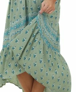 ANGIE Dresses Sage High Low Floral Print Sleeveless Maxi Dress