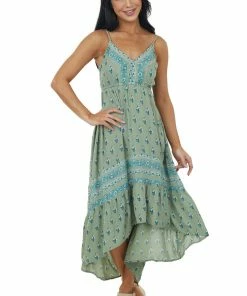 ANGIE Dresses Sage High Low Floral Print Sleeveless Maxi Dress