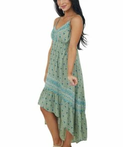 ANGIE Dresses Sage High Low Floral Print Sleeveless Maxi Dress