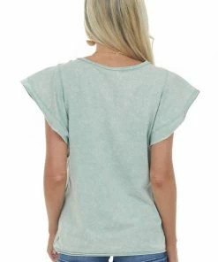 BiBi Sage Mineral Wash Ruffle Sleeve Soft Knit Top