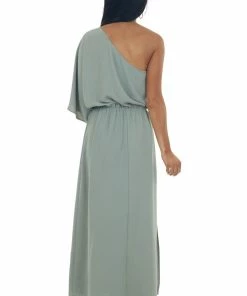 Jodifl Dresses Sage One Shoulder Cinch Waist Slit Maxi Dress
