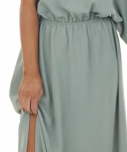 Jodifl Dresses Sage One Shoulder Cinch Waist Slit Maxi Dress