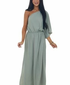 Jodifl Dresses Sage One Shoulder Cinch Waist Slit Maxi Dress