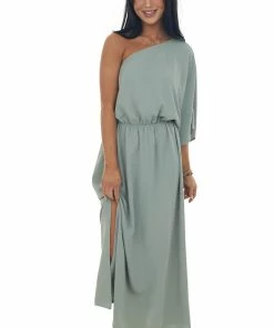 Jodifl Dresses Sage One Shoulder Cinch Waist Slit Maxi Dress