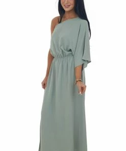 Jodifl Dresses Sage One Shoulder Cinch Waist Slit Maxi Dress