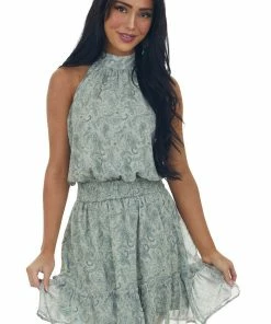 Sweet Lemon Dresses Sage Paisley Print Halter Neck Woven Dress