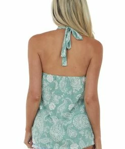 BiBi Sage Paisley Print Keyhole Halter Open Back Top Tops