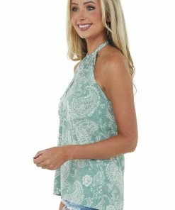 BiBi Sage Paisley Print Keyhole Halter Open Back Top Tops