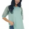 HESED Sage Raglan Floral Lace 3/4 Sleeve Top