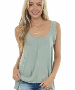 POL Clothing Tops Sage Raw Edge Scoop Neck Ruffle Ribbed Top