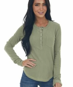 Very J Tops Sage Ribbed Knit Long Sleeve Henley Top