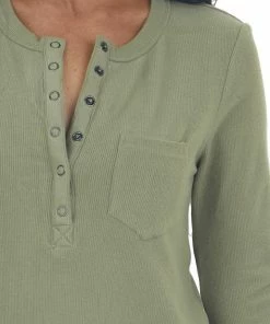 Very J Tops Sage Ribbed Knit Long Sleeve Henley Top
