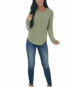 Very J Tops Sage Ribbed Knit Long Sleeve Henley Top
