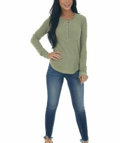 Very J Tops Sage Ribbed Knit Long Sleeve Henley Top