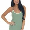 POL Clothing Sage Ribbed Raw Edge Contrast Trim Tank Top Tops