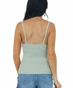 Very J Sage Ring Strap V Neck Ribbed Knit Tank Top Tops