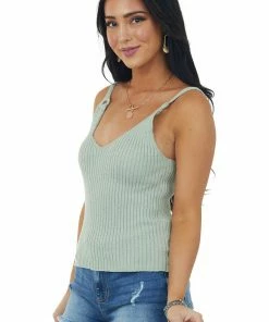 Very J Sage Ring Strap V Neck Ribbed Knit Tank Top Tops