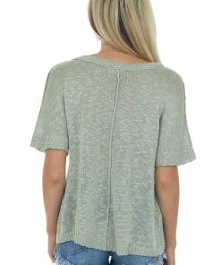 Very J Sage Short Sleeve Sweater Knit Chest Pocket Top Tops