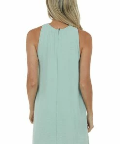 Lime Lush Dresses Sage Sleeveless Halter Neckline Short Woven Dress