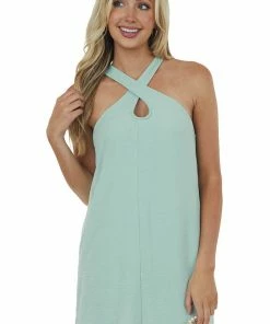 Lime Lush Dresses Sage Sleeveless Halter Neckline Short Woven Dress