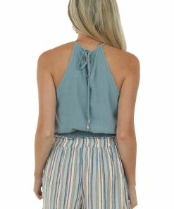 Allie Rose Tops Sage Smocked Hem Linen Halter Tank Top