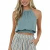 Allie Rose Tops Sage Smocked Hem Linen Halter Tank Top