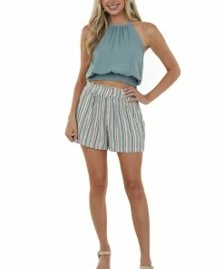 Allie Rose Tops Sage Smocked Hem Linen Halter Tank Top