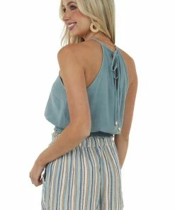 Allie Rose Tops Sage Smocked Hem Linen Halter Tank Top