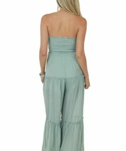 LIGHT SO SHINE Dresses Sage Strapless Smocked Jumpsuit With Tie Detail