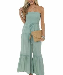 LIGHT SO SHINE Dresses Sage Strapless Smocked Jumpsuit With Tie Detail
