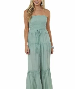 LIGHT SO SHINE Dresses Sage Strapless Smocked Jumpsuit With Tie Detail
