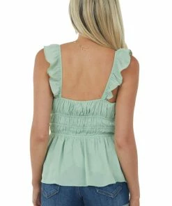 Davi & Dani Sage Swiss Dot Smocked Sleeveless Blouse Tops