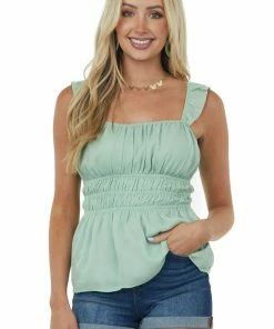 Davi & Dani Sage Swiss Dot Smocked Sleeveless Blouse Tops