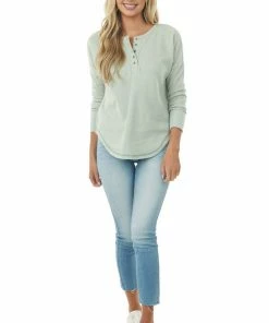 143 Story Sage Thermal Knit Henley Long Sleeve Top Tops