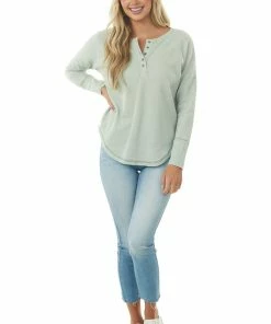 143 Story Sage Thermal Knit Henley Long Sleeve Top Tops