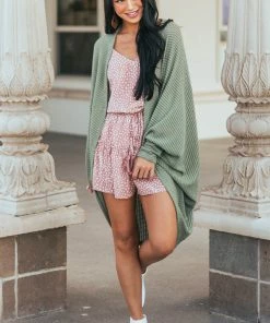 FSL APPAREL Sage Waffle Knit 3-4 Sleeve Cardigan With Cocoon Hem