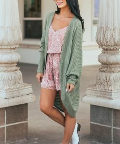 FSL APPAREL Sage Waffle Knit 3-4 Sleeve Cardigan With Cocoon Hem