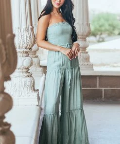 LIGHT SO SHINE Dresses Sage Strapless Smocked Jumpsuit With Tie Detail