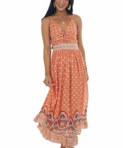 ANGIE Salmon Floral Print Front Twist Woven Maxi Dress Dresses