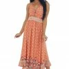 ANGIE Salmon Floral Print Front Twist Woven Maxi Dress Dresses