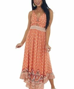 ANGIE Salmon Floral Print Front Twist Woven Maxi Dress Dresses